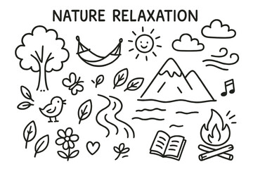 Fototapeta premium Nature Doodle Relaxation. Nature relaxation. Hand-drawn doodle illustration nature relaxation tree, river, mountain, hammock, sun, clouds, leaves, bird,