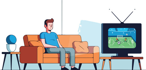 Man Relaxing on Sofa Watching Soccer Game on Retro TV Screen Illustration