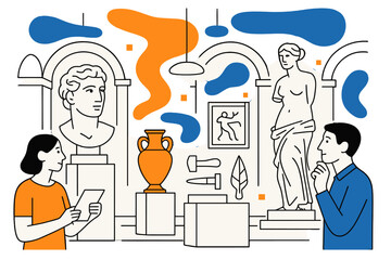 Cultural Heritage Exhibition. Historical showcase. A museum atrium with exhibits of sculptures, ancient tools,