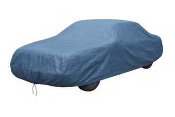 Car under blue protective cover parked, vehicle receiving full body tarp security, concealing new or classic auto