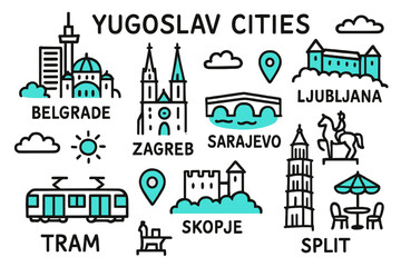 Naklejka premium Yugoslav Cities Doodle. // Yugoslav cities. Hand-drawn doodle illustration Yugoslav cities [Belgrade skyline (accented), Zagreb cathedral (accented), Sarajevo