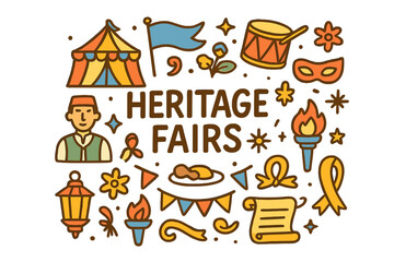 Colorful Heritage Doodles. Heritage fairs. Hand-drawn doodle illustration of heritage fairs. Tent, costume,