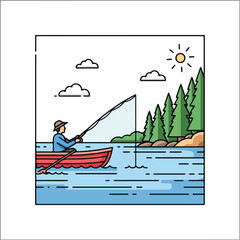 Line Art Fisherman in Rowboat Fishing on Sunny Lake by Pine Forest Vacation Concept