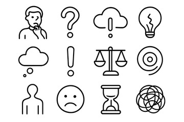 Overcoming Doubt Icons. Overcoming doubt. Line icon set of overcoming doubt: person thinking, question mark, thought bubble, broken light bulb,