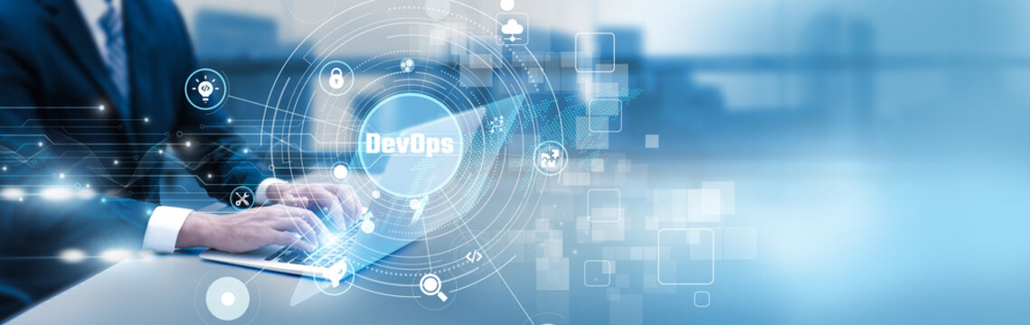 Engineer analyzing DevOps pipeline on laptop, continuous integration, automation workflow, and software deployment analytics.