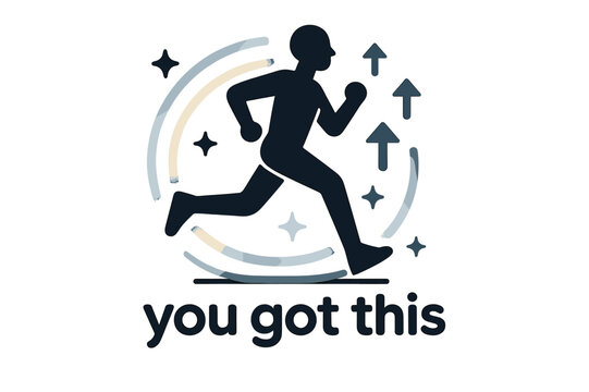 Empowered Runner Vibes. Exercise ? Confidence Boost. Minimal runner silhouette framed by glowing trails; small upward arrows and stars mark progression. Text