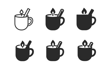 Winter Candle Logos. Winter-themed candle-making party. Icon set. Set Logo of winter candle-making: mug candle with cinnamon stick. harmonious logo variations