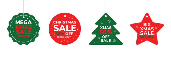 Collection of four christmas sale tags with 50% off discount, isolated on white background