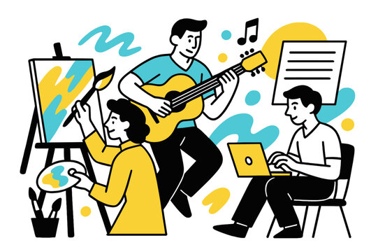 Creative Harmony. artistic expression. Paintbrushes and canvases, vibrant colors and bold strokes, a world of creativity and imagination. Musicians playing
