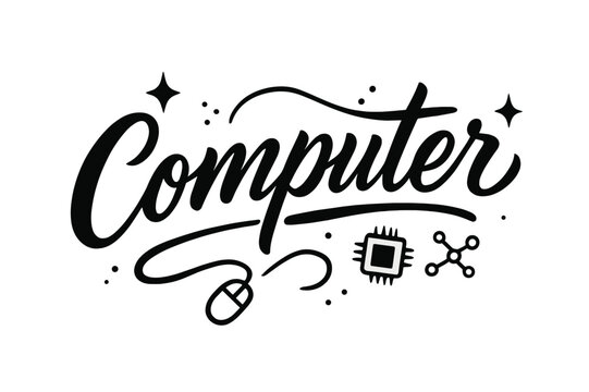 Elegant Digital Script. Script Hand-Lettering ? "Computer" in flowing brush script, semi-cursive with fluid strokes, slight upward tilt to convey modernity and