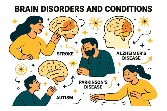 Brain Conditions Illustration. Brain disorders and conditions. Illustration of different brain conditions with labeled areas and abstract floating neural