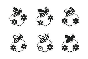 Bee Conservation Logos. Bee conservation initiatives. Icon set. Set Logo of bee conservation initiatives: pollination pathway connecting flowers. harmonious