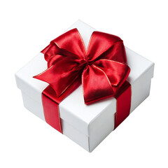 Obraz premium White gift box with red satin ribbon bow isolated on transparent background