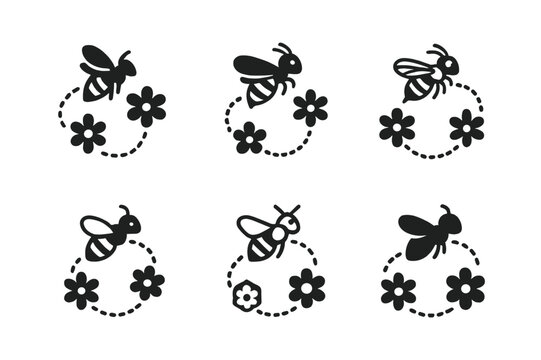 Bee Conservation Logos. Bee conservation initiatives. Icon set. Set Logo of bee conservation initiatives: pollination pathway connecting flowers. harmonious