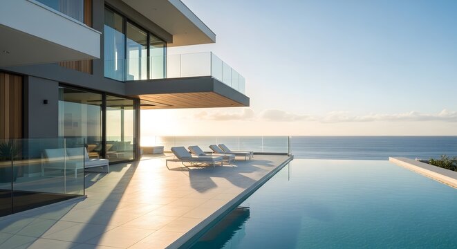 Modern house exterior with pool and ocean view contemporary villa luxury architecture design - Powered by Adobe
