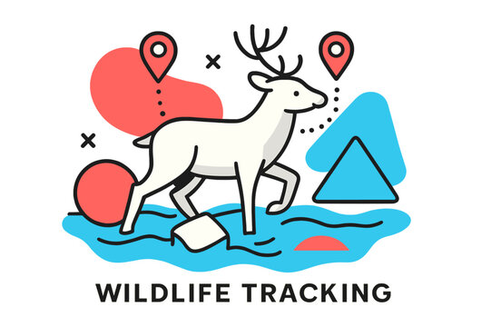 Animal Crossing River. Wildlife Tracking. Animal crossing a river with floating abstract geometric shapes and GPS signal markers, tracked and observed scene.