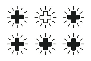 Obraz premium Medical Cross Logos. Medical cross symbol. Set Logo of Medical cross symbol: cross with radiating lines of care or light. Icon set. harmonious logo variations