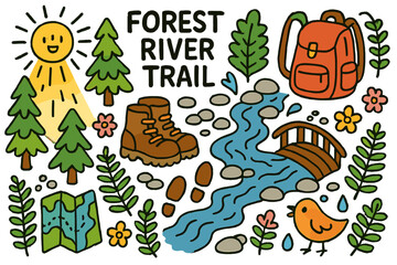 Naklejka premium Forest River Adventure. Forest river trail. Colorful Hand-drawn doodle Children illustration Forest river trail hiking boots, forest trees, flowing river,