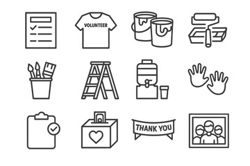 Community Painting Icons. Community Painting Day. Line icon set of Community Painting Day: sign up sheet, volunteer t shirt, paint buckets, roller trays, brush