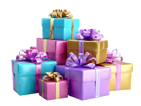 Colorful gift boxes with ribbons and bows isolated on transparent background - Powered by Adobe