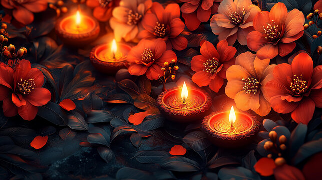 Warm detailed floral background red orange gold tones glowing Diya oil lamp template for happy Diwali messages