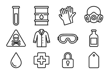 Chemical Safety Icons. Chemical safety. Line outline icon set of chemical safety: test tube, chemical barrel,
