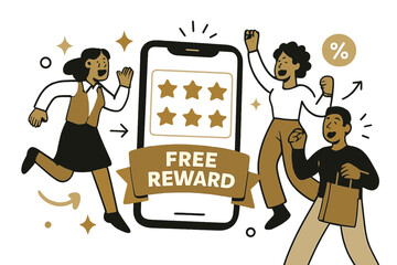 Shopping Rewards Unlocked. Shopping Habits ? Loyalty Points. Phone shows a clean stamp card; stars pop into place with a soft ?ding?. Ribbon reads ?free