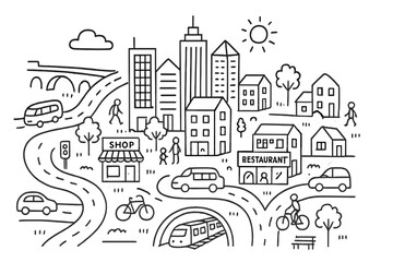 Naklejka premium Cityscape Doodle Illustration. City. Hand-drawn doodle illustration City skyscrapers, cars, buses, bicycles, pedestrians, roads, traffic lights, buildings,
