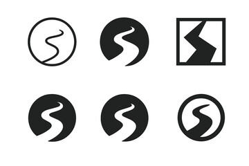 Rural Road Logos. Rural road. Set Logo of Rural road: winding S-curve. harmonious logo variations of the same emblematic concept, each with different artistic
