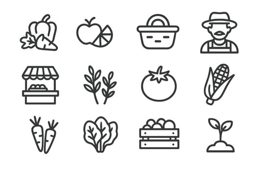 Locally Grown Icons. Locally grown food. Line icon set of locally grown food: fresh vegetables, fruits, basket, farmer, market stall, herbs, tomato, corn,