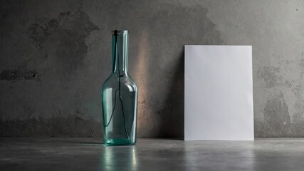 Glass bottle and blank paper leaning on concrete wall