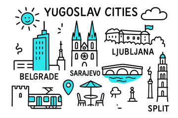 Naklejka premium Yugoslav Cities Doodle. // Yugoslav cities. Hand-drawn doodle illustration Yugoslav cities [Belgrade skyline (accented), Zagreb cathedral (accented), Sarajevo