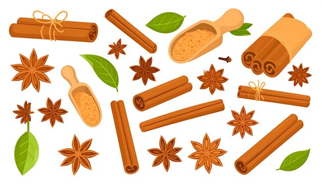Assortment of baking spices cinnamon sticks, star anise, and leaves - Powered by Adobe