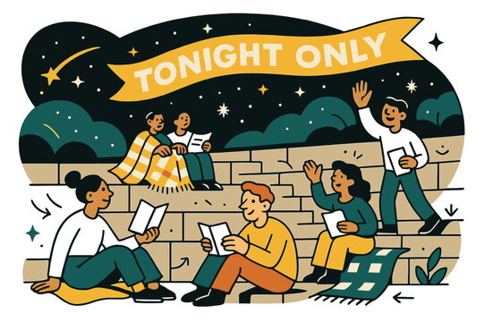 Amphitheater Under Stars. Amphitheater ? Audience on Stone Tiers. People settle with blankets and programs; stars rise above the rim of the bowl. Ribbon text