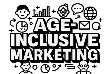 Age-Inclusive Marketing Design. Bold Block Lettering ? "Age-Inclusive Marketing" in massive bold geometric letters, stacked block composition, heavy outlines