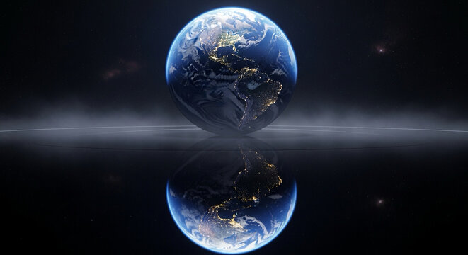 cinematic glowing Earth reflecting on glass surface — peace and harmony concept