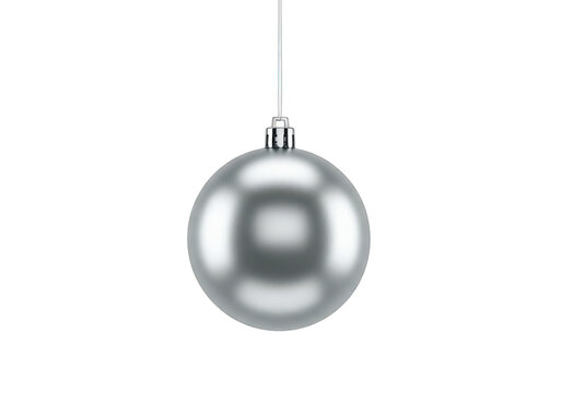 A single, shiny silver christmas ornament hanging from a thin string, isolated on a transparent background