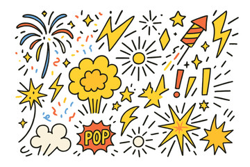 Naklejka premium Vibrant Cartoon Explosion. Explosion effect. Hand-drawn doodle illustration explosion (colored), fireworks (colored), starburst (colored), confetti (colored),