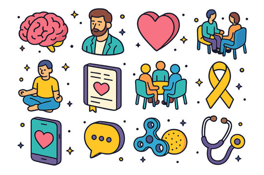 Mindfulness Icons. Mindfulness practice. Colorful isometric vector icons set of mindfulness practice: brain, therapist, heart, counseling session, mindfulness