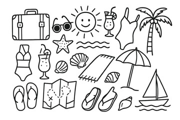 Obraz premium Beach Vacation Icons. Beach vacation. Hand-drawn doodle illustration beach vacation suitcase, sunglasses, cocktail, swimsuit, beach umbrella, towel, shell,