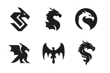 Obraz premium Dragon Logo Collection. Dragons. Set Logo of Dragon Collection: Abstract geometric, Filled silhouette, Negative space, Flat solid, Symmetrical form, Stylized
