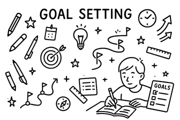 Goal Setting Doodles. Goal Setting. Hand-drawn doodle illustration Goal Setting person writing goals, notebook, pen, pencil, roadmap, target, stars, arrows,