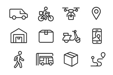 Last-Mile Connectivity Icons. Last-mile connectivity. Line icon set of last-mile connectivity: delivery van, bicycle courier, drone, map marker, warehouse,