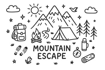Fototapeta premium Mountain Adventure Doodle. Mountain escape. Hand-drawn doodle illustration mountain escape peaks, tent, campfire, stream, pine trees, backpack, compass, sun,