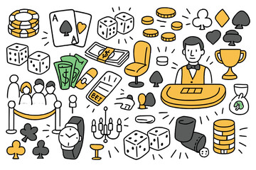 Casino Night Vibes. Gambling stakes. Hand-drawn doodle illustration poker chips (colored), playing cards (colored), dice (colored), casino table (colored),
