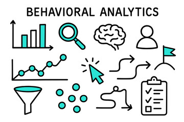 Fototapeta premium Behavioral Analytics Doodle. // Behavioral analytics. Hand-drawn doodle illustration Behavioral analytics [graph (accented), magnifying glass (accented), brain