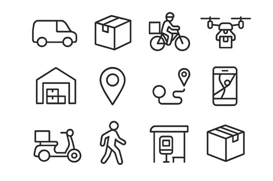 Efficient Logistics Icons. Efficient logistics. Line icon set of efficient logistics: delivery van, package, bicycle courier, drone, warehouse, map marker,