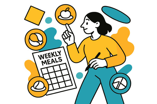 Efficient Meal Planning. Rationing Food. Person planning weekly meals with floating abstract geometric shapes and portion icons, mindful and efficient food