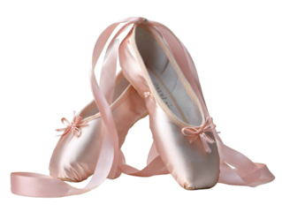 Pink satin ballet pointe shoes with ribbons isolated on transparent background