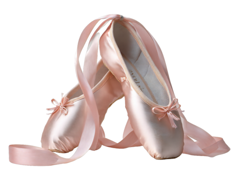 Pink satin ballet pointe shoes with ribbons isolated on transparent background